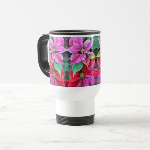 Travel Mug _ Pink  Red Poinsettias