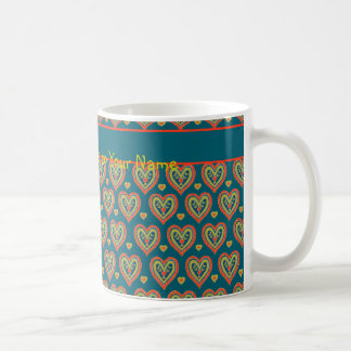 Travel Mug, Red and Green Hearts on Teal Coffee Mug
