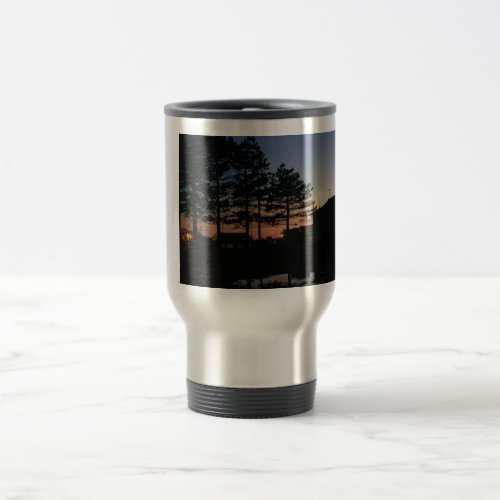 Travel mug with handle sunset photo with pines