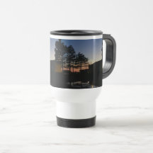 Travel mug with handle sunset photo with pines