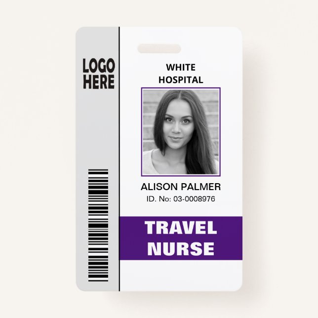 Travel nurse logo photo ID template purple Badge (Front)