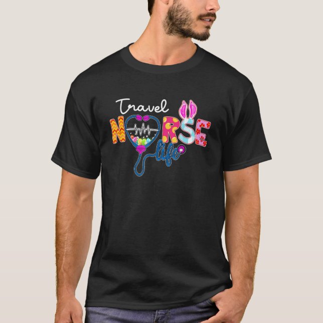 Travel Nurse Plaid Egg Bunny Love Stethoscope Rn N T-Shirt (Front)