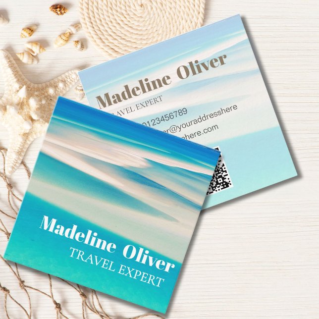 Travel Ocean Beach Sea White Blue QR Business Square Business Card (Creator Uploaded)