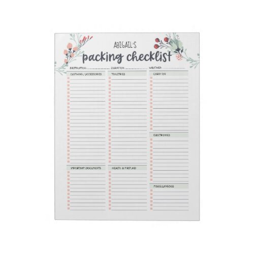 Travel Packing List Floral Notepad