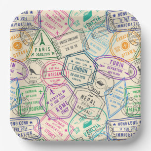 Travel Paper Plates, Passport Stamps Party Plates