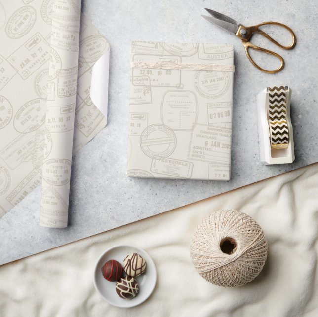 Travel Passport Stamp Beige Pattern Wrapping Paper (Crafts)