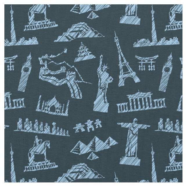 Travel Pattern In Blues Pattern Fabric (Close Up)