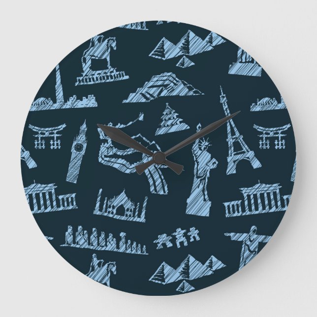 Travel Pattern In Blues Pattern Large Clock (Front)