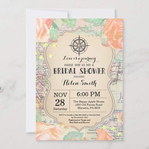 Travel Peach Floral Bridal Shower Invitation
