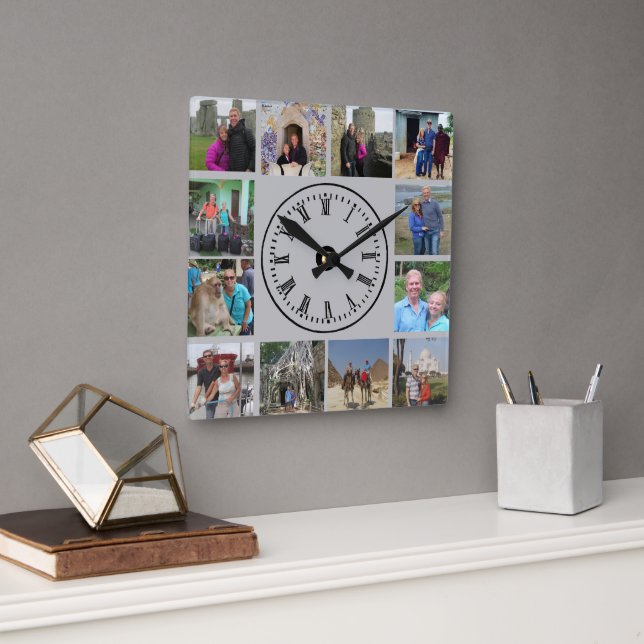 Travel Photo Collage Gray Background Square Wall Clock (Office)