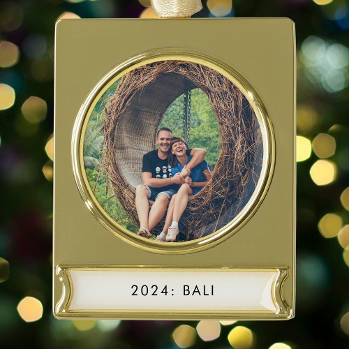 Travel Photo Yearly Gold Plated Banner Ornament