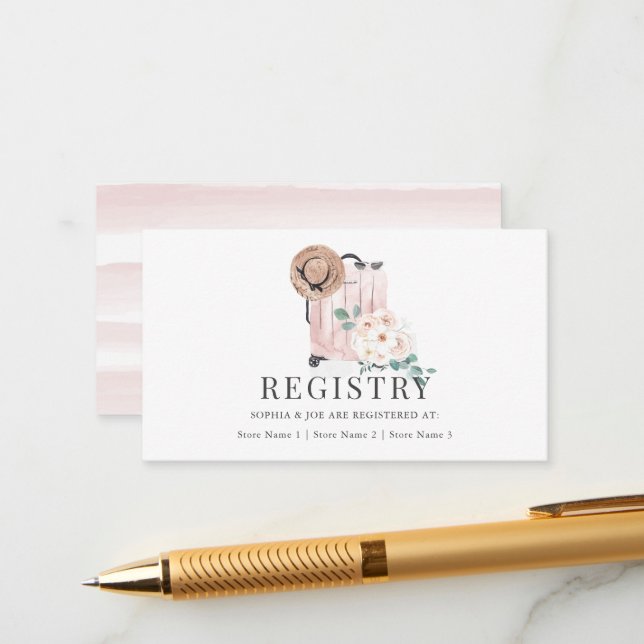 Travel Pink Suitcase Bridal Shower Registry Enclosure Card (Front/Back In Situ)