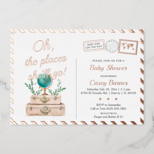 Travel Places Shell Go Baby Girl Shower Rose Gold Foil Invitation