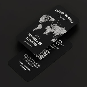 Travel Planner Silver World Map Black Tour Guide Business Card