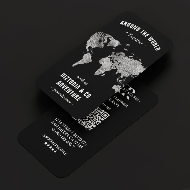 Travel Planner Silver World Map Black Tour Guide  Business Card (Travel Planner Silver World Map Black Tour Guide Business Card
)
