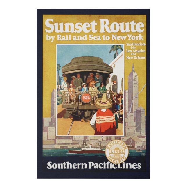 Travel Poster For The Sunset Route By Rail And Sea Faux Canvas Print (Front)