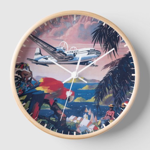 Travel Poster Of Seaplane Flying Over Caribbean Clock