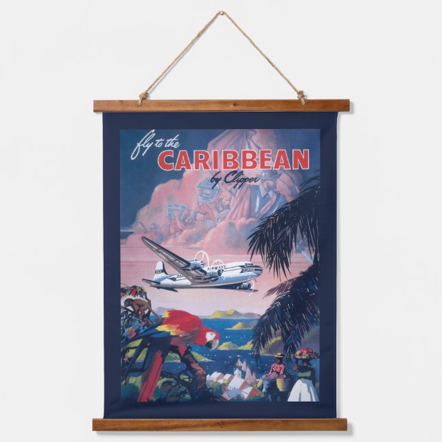 Travel Poster Of Seaplane Flying Over Caribbean Hanging Tapestry (Front)