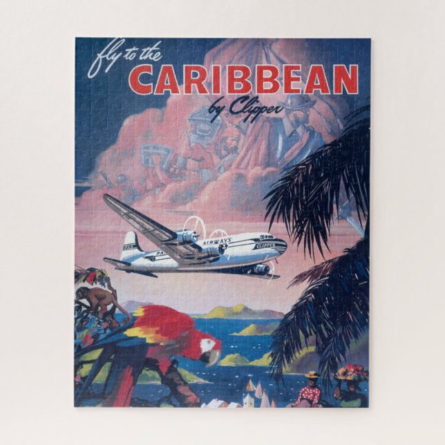 Travel Poster Of Seaplane Flying Over Caribbean Jigsaw Puzzle (Vertical)