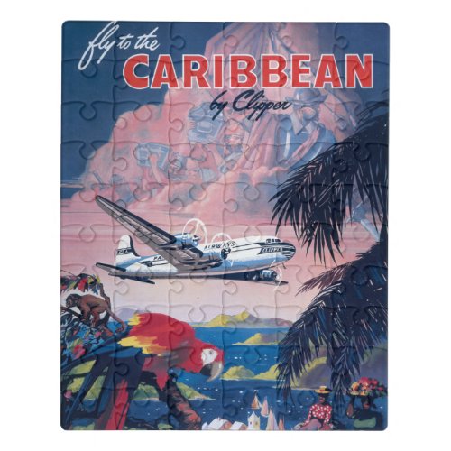 Travel Poster Of Seaplane Flying Over Caribbean Jigsaw Puzzle