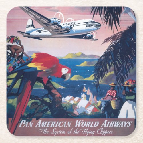 Travel Poster Of Seaplane Flying Over Caribbean Square Paper Coaster