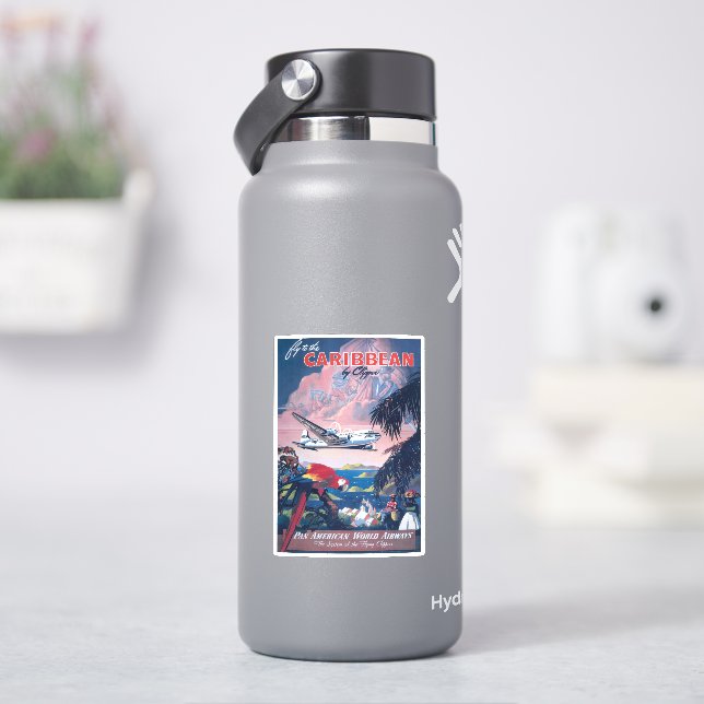 Travel Poster Of Seaplane Flying Over Caribbean Sticker (HydroFlask)