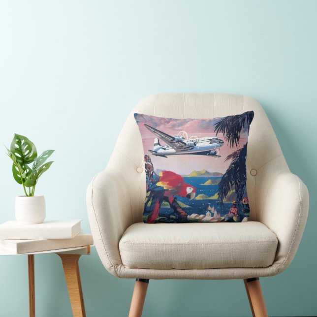 Travel Poster Of Seaplane Flying Over Caribbean Throw Pillow (Chair)