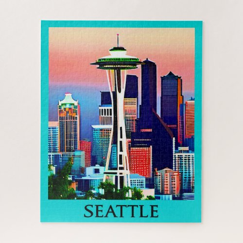 Travel Poster of Seattle under a Dawn Sky Jigsaw Puzzle
