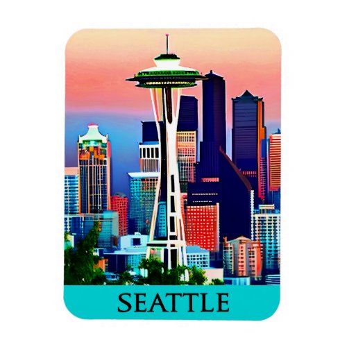 Travel Poster of Seattle under a Dawn Sky Magnet