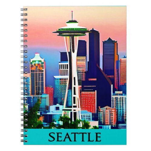 Travel Poster of Seattle under a Dawn Sky Notebook