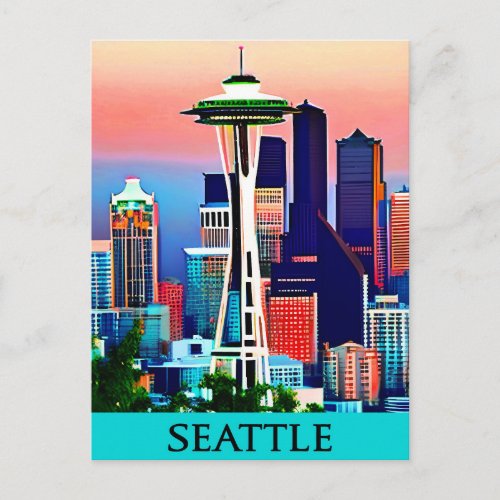 Travel Poster of Seattle under a Dawn Sky Postcard