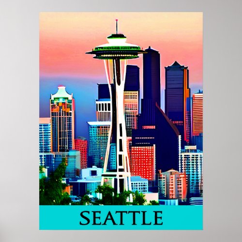 Travel Poster of Seattle under a Dawn Sky Print