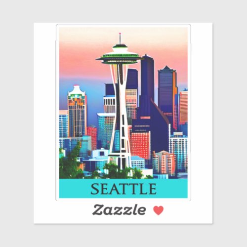 Travel Poster of Seattle under a Dawn Sky Sticker