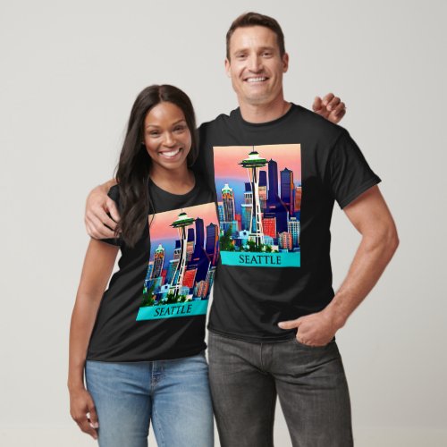 Travel Poster of Seattle under a Dawn Sky T_Shirt