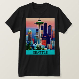 Travel Poster of Seattle under a Dawn Sky T-Shirt