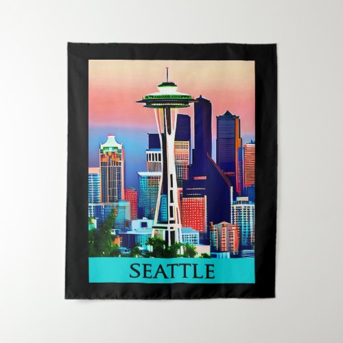 Travel Poster of Seattle under a Dawn Sky Tapestry