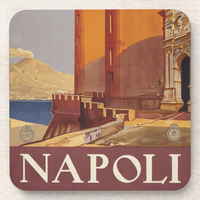 Travel Poster Of Vesuvius And The Bay Of Naples Beverage Coaster (Front)