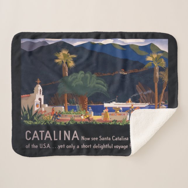 Travel Poster - Santa Catalina Island, California Sherpa Blanket (Front (Horizontal))