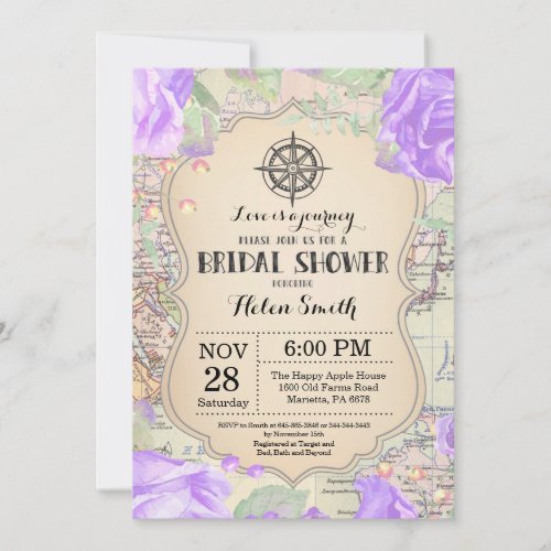 Travel Purple Floral Bridal Shower Invitation