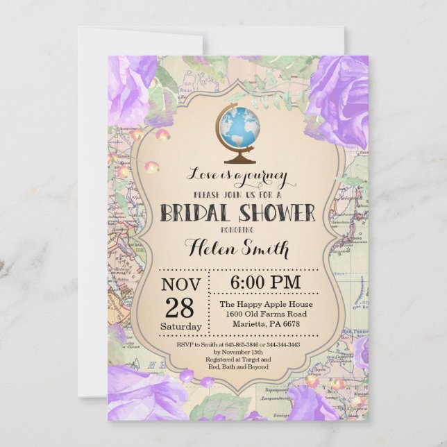 Travel Purple Floral Bridal Shower Invitation (Front)