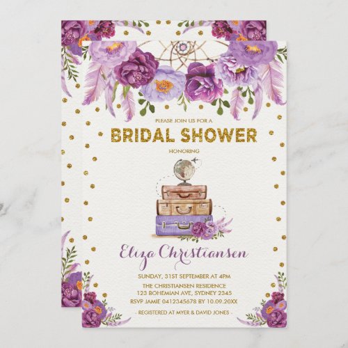 Travel Purple Floral Dreamcatcher Bridal Shower Invitation
