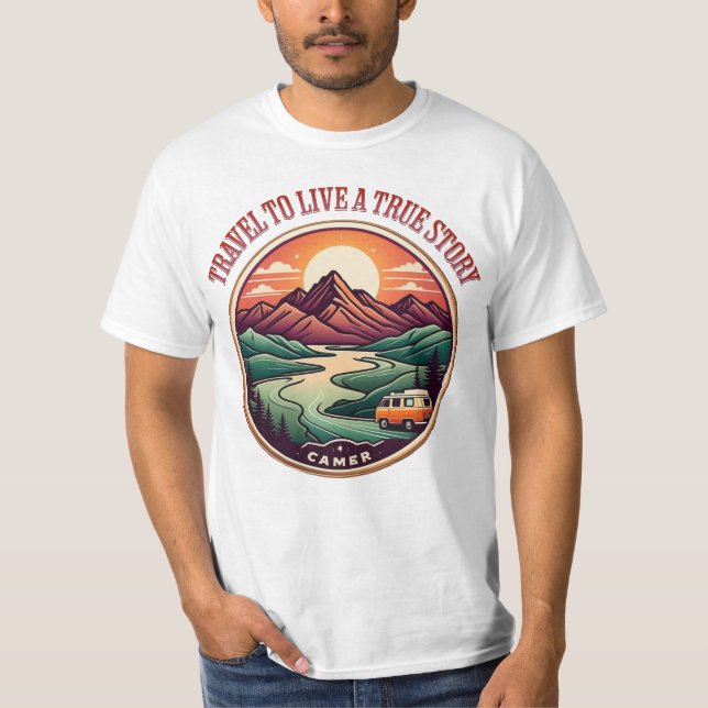Travel Real Story Tee — No Fake Journeys Badge (Front)