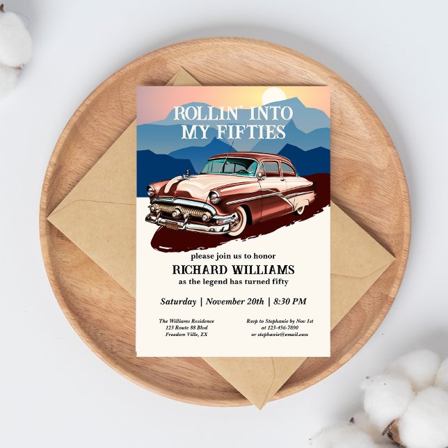 Travel Retro Classic Car Theme 50th Birthday Invitation (Creator Uploaded)