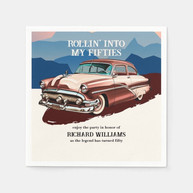 Travel Retro Classic Car Theme 50th Birthday Napkins (Front)