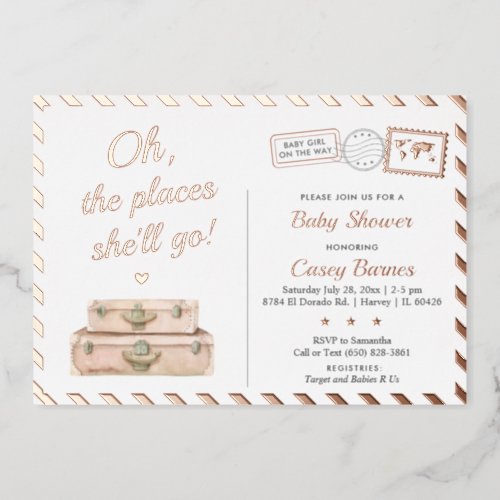 Travel Rose Gold Baby Shower Sprinkle Adventure Foil Invitation