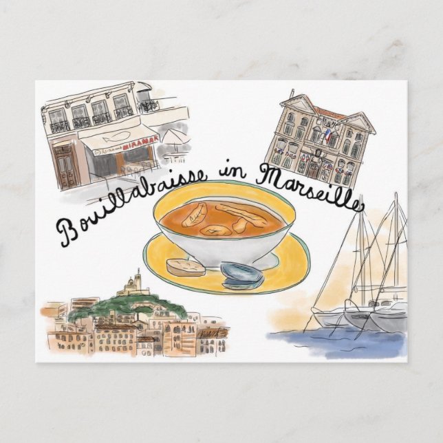Travel Sketch Postcard: Bouillabaisse in Marseille Postcard (Front)