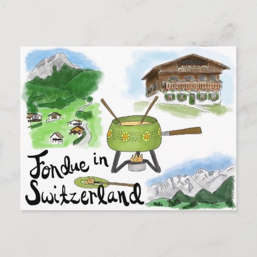 Travel Sketch Postcard Fondue in Switzerland Postcard