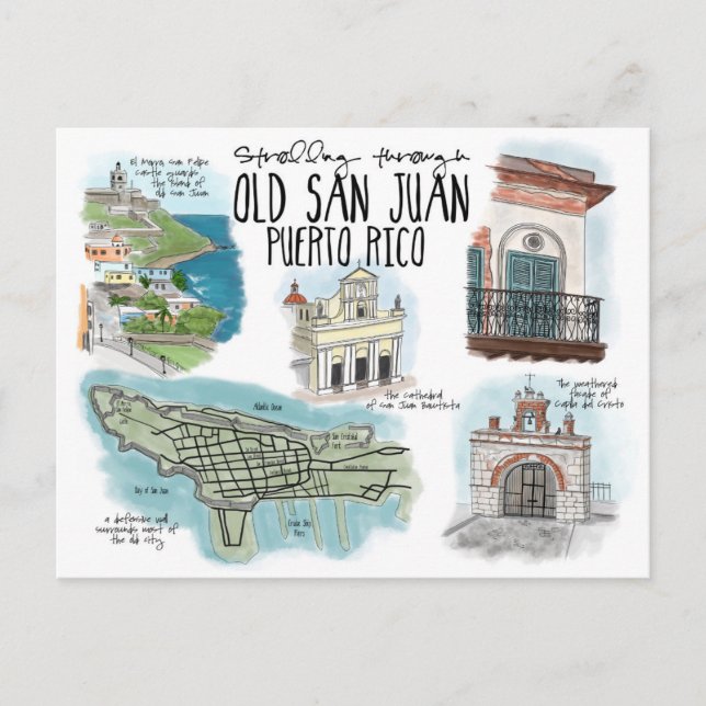 Travel Sketch Postcard: Strolling Old San Juan Postcard (Front)