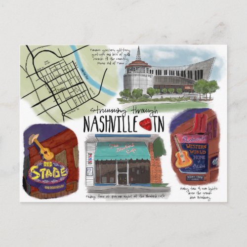Travel Sketch Postcard Strumming through Nashville