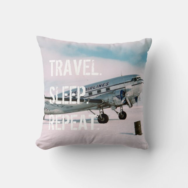 Travel sleep repeat vintage airplane wanderlust throw pillow (Front)